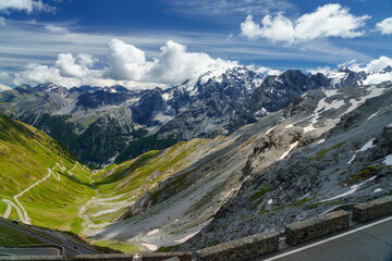 Mountain landscape along the road to Stelvio pass at summer