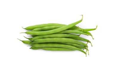 Fresh green beans on white background, top view