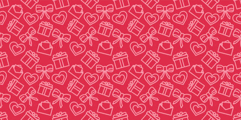 Valentines day seamless pattern. Love holiday vector texture. Festive red background with valentine's day icons. Wrapping paper ornament. Hearts, gifts and bows in fabric repeatable design