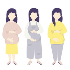 Obraz premium Motherhood. Vector set Happy pregnant woman tenderly hugs her belly with hands in different clothes for pregnant women - jumpsuit, skirt, trousers Vector illustration. flat illustration