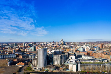 Aerial photo of the Leeds City Centre taken from the area known as The Leeds Dock taken in the winter time in a bright day