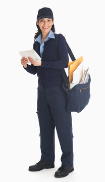 Studio shot of female postal worker