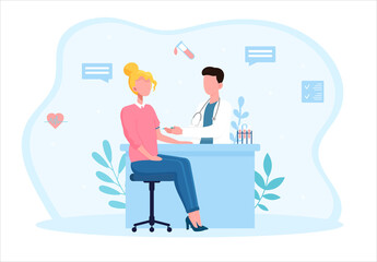 Female patient is taking tests for health insurance. Concept of blood test procedure. Patient and doctor with a syringe and test tubes in medical office. Flat cartoon vector illustration