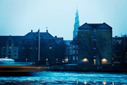 Frozen canal with Church of Our Saviour in background