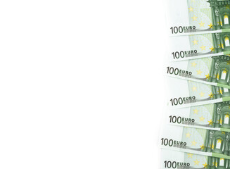 Hundred euro bills over white background with copy space