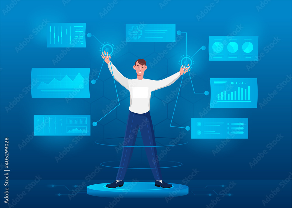 Poster male character is touching virtual screen. man is exploring digital interface screens. concept of hi
