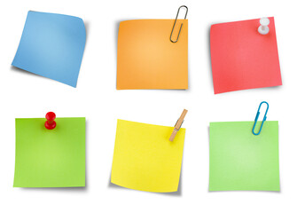 a collection of six multi-colored adhesive note. isolated white background