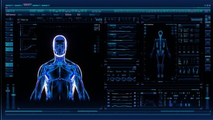 Holographic futuristic Interface showing analysis of human male anatomy scan with rotating skeleton and body heat transfer. Near future of medicine and healthcare. - Powered by Adobe
