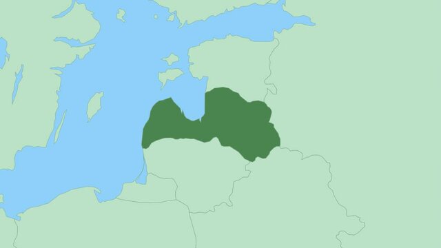 Map of Latvia with pin of country capital. Latvia Map with neighboring countries in green color.
