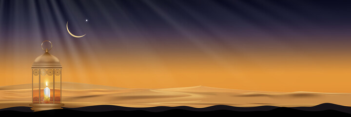 Ramadan Kareem banner or invitations card with Lantern light on desert for Saudi Arabia and muslim people,Vector greeting card Eid Mubarak islamic design with vintage lantern on sand dunes