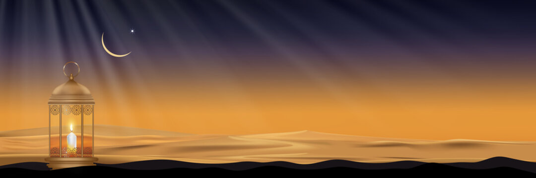 Ramadan Kareem banner or invitations card with Lantern light on desert for Saudi Arabia and muslim people,Vector greeting card Eid Mubarak islamic design with vintage lantern on sand dunes