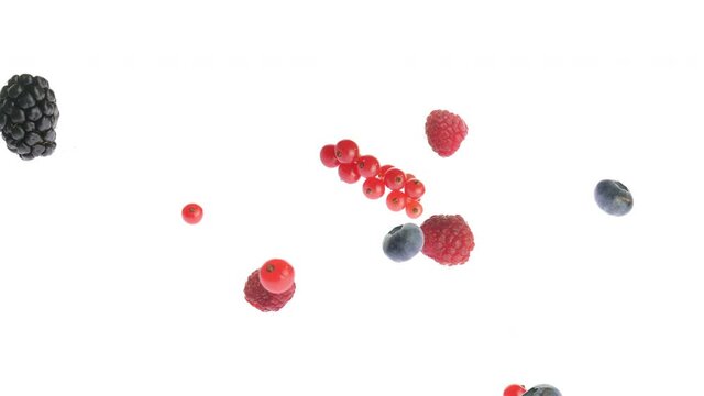 berries mix fly and rotate slow motion video, mix of raspberries, blackberries, blueberries and currants, on white background, fruit explosion
