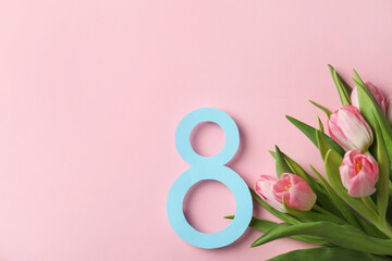 8 March card design with tulips and space for text on pink background, flat lay. International Women's Day