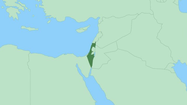 Map of Israel with pin of country capital. Israel Map with neighboring countries in green color.