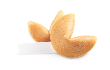 Traditional fortune cookies with prediction on white background