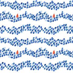 Abstract sea hand painted watercolor blue dots, waves and little red boat. Print template, for t-shirts, clothing, fabric or packaging. Seamless and repeatable