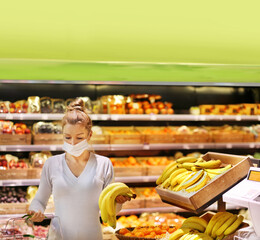 Supermarket shopping, face mask and gloves,woman buying vegetables at the market.