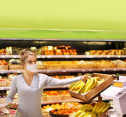 Supermarket shopping, face mask and gloves,woman buying vegetables at the market.