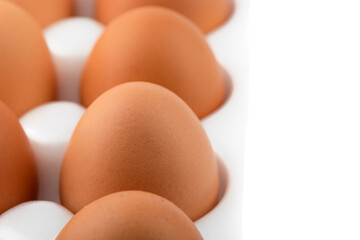 Selective focus. Focus on one chicken egg in a white substrate.