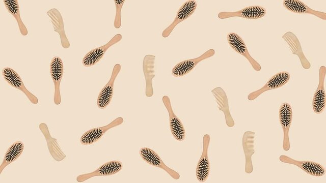 seamless looping animation with many wooden bamboo combes and hairbrushes that wiggle on a beige pastel background close-up