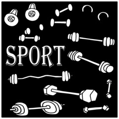 sports, tools for doing sports, dumbbells, barbells, kettlebells, strength training, swing the body, vector illustration, vector, illustrator, postcard printing, print on a phone case, on packaging, p