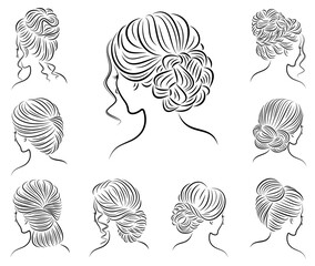 Collection. Silhouette of the lovely lady heads. The girl demonstrates hairstyles for long and medium hair. Suitable for logo, advertising. Vector illustration set.