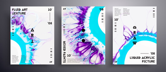 Abstract acrylic poster, fluid art vector texture pack. Artistic background that applicable for design cover, invitation, flyer and etc. Purple, turquoise and white creative iridescent artwork