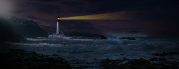 Lighthouse with beacon on coast in stormy sea with sailboat on horizon