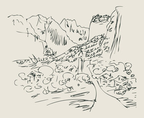 Village, Switzerland. Hand drawn sketch illustration in vector. Europe.