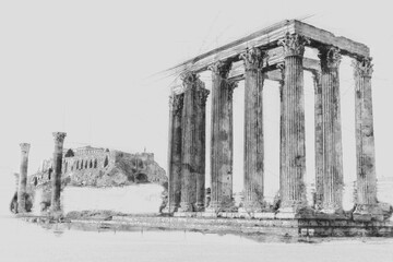  Black and white Ancient Sites The ruins of ancient temple Zeus, Athens, Greece. Watercolor splash with hand drawn sketch illustration