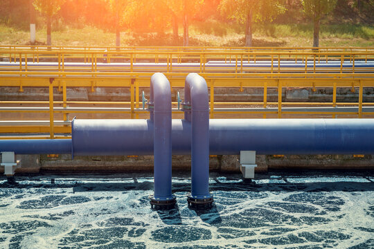 Aerated Activated Sludge Tank At Modern Wastewater Treatment Plant.