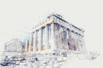 Ancient Sites ruins of temple on Acropolis hill, Athens, Greece. Watercolor splash with hand drawn sketch illustration - obrazy, fototapety, plakaty