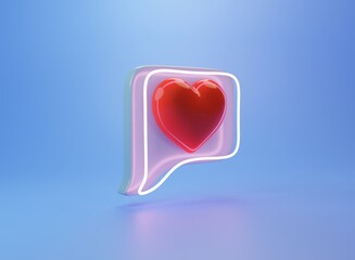 3d render illustration. social media notification with neon glow. red glazed heart icon in square speech bubble on blue background with shadow.