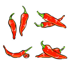 Red hot chili peppers in vector isolated on white background. Hand drawn peppers set illustration for food packing design