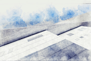 Sketch of architectural detail of modern building. Watercolor splash with hand drawn sketch illustration