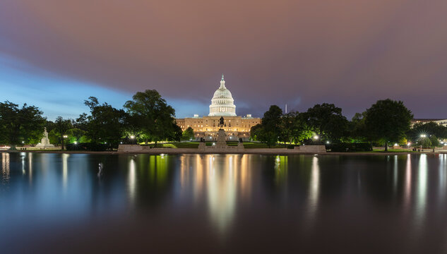 USA, Washington DC, Lincoln Memorial Reflecting Pool at night with United States Capitol in background