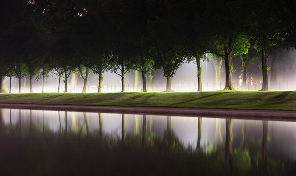 USA, Washington DC, Treelined edge of Lincoln Memorial Reflecting Pool at night