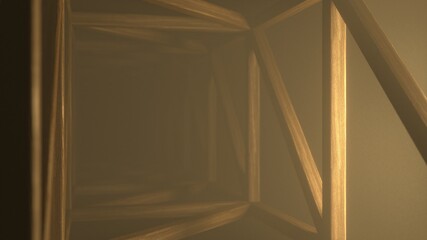 Abstract orange futuristic wooden tunnel background with haze corridor and volumetric light. Glowing warm light with shadow, neon lights rays. Sci-fi. Futuristic Technology Design. 3d rendering