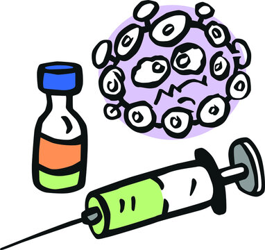 vaccine and hypodermic syringe and coronavirus original simple hand drawing converted to vector and colored 