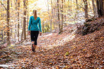 Sportswoman walking on path while exploring forest