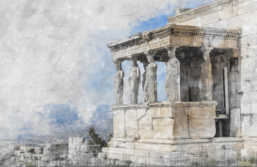 Ancient Sites ruins of ancient temple on Acropolis hill in Athens, Greece. Watercolor splash with hand drawn sketch illustration on crumpled paper