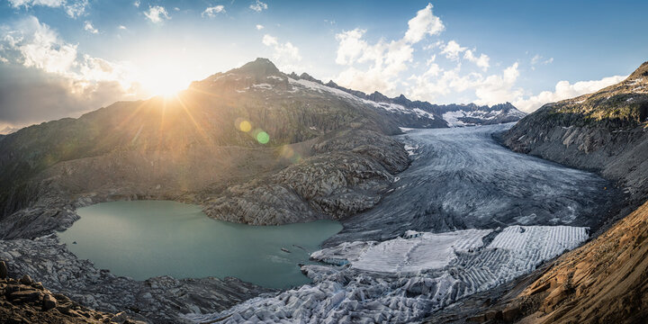 Switzerland, Valais, Obergoms, Rhone Glacier with glacier tongue lake
