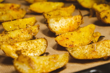 Baked potatoes in the oven close-up
