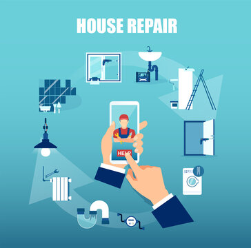 Vector Of A Businessman Using Mobile App To Request Professional Home Repair Services