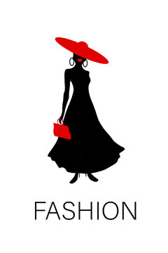 Vector silhouette of an elegant fashion woman with a red hat
