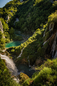 Waterfalls in mountain landscape