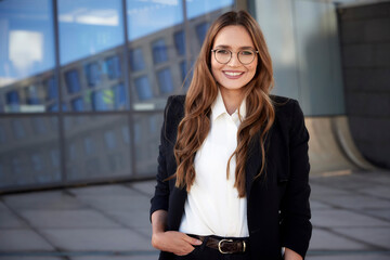 Young businesswoman with hand in pocket smiling while standing outdoors