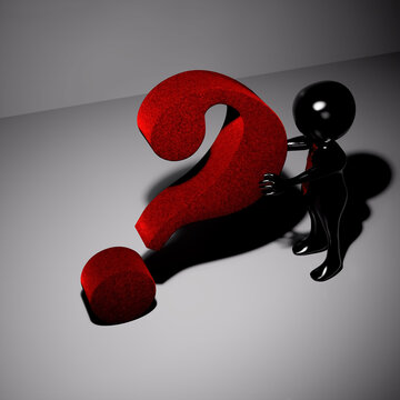 3d Black Man With Red Tie Supporting A Big Red Question Mark
