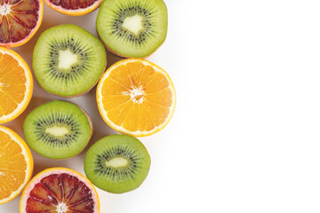 Obraz na płótnie Canvas set of fruits with vitamin c, kiwi, lelon, red orange, yellow orange in a cut isolate on white