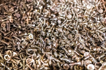 Pile of pozidriv head type screws, with a blurred background.